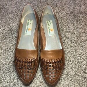Liz Claiborne Vintage Tan Leather Cutout Fringe Loafers Italy Flats 8.5 S Narrow